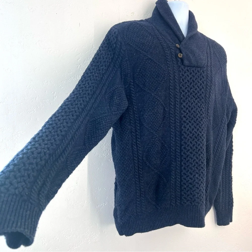 Nordstrom Lambswool Wool Fisherman Sweater Men L Blue Knit Shawl Collar